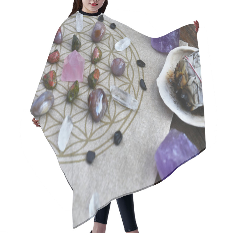 Personality  A Close Up Image Of A Crystal Energy Healing Grid Using The Flower Of Life Pattern.  Hair Cutting Cape