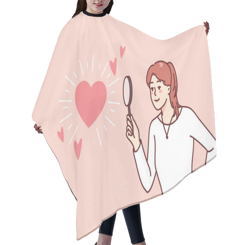 Personality  Woman Holding Magnifying Glass Looking At Heart Symbol. Happy Girl Looking For Love Or Relationships With Magnifier. Flat Vector Illustration.  Hair Cutting Cape