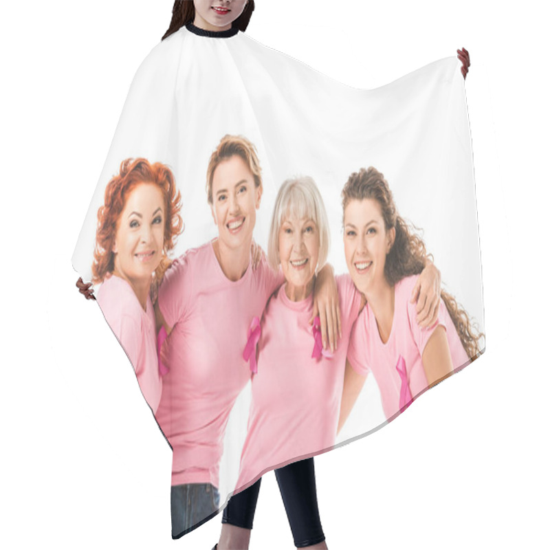 Personality  Cheerful Women In Pink T-shirts With Breast Cancer Awareness Ribbons Smiling At Camera Isolated On White Hair Cutting Cape