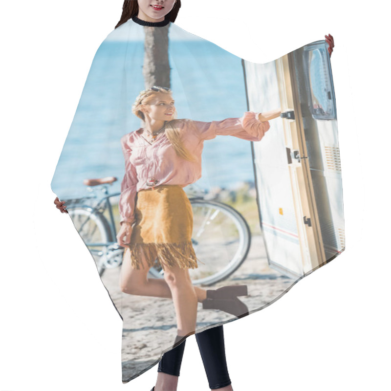 Personality  Beautiful Hippie Girl Standing Near Trailer With Bicycle Hair Cutting Cape