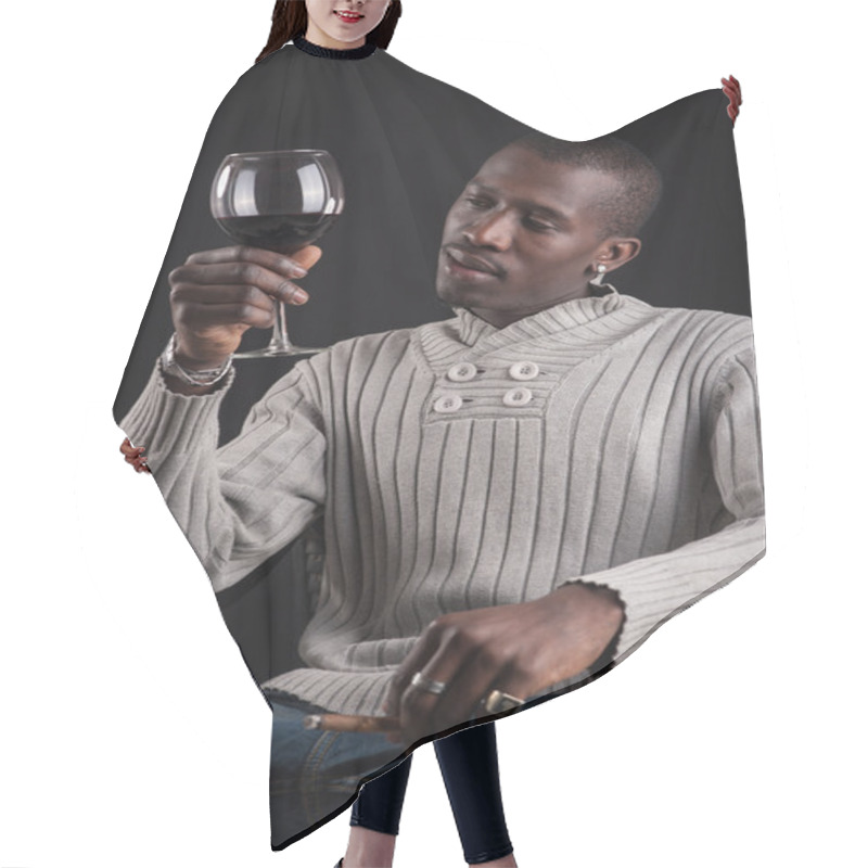 Personality  Confident Portrait Of Young African Man Tasting Glass Of Red Wine. Hair Cutting Cape