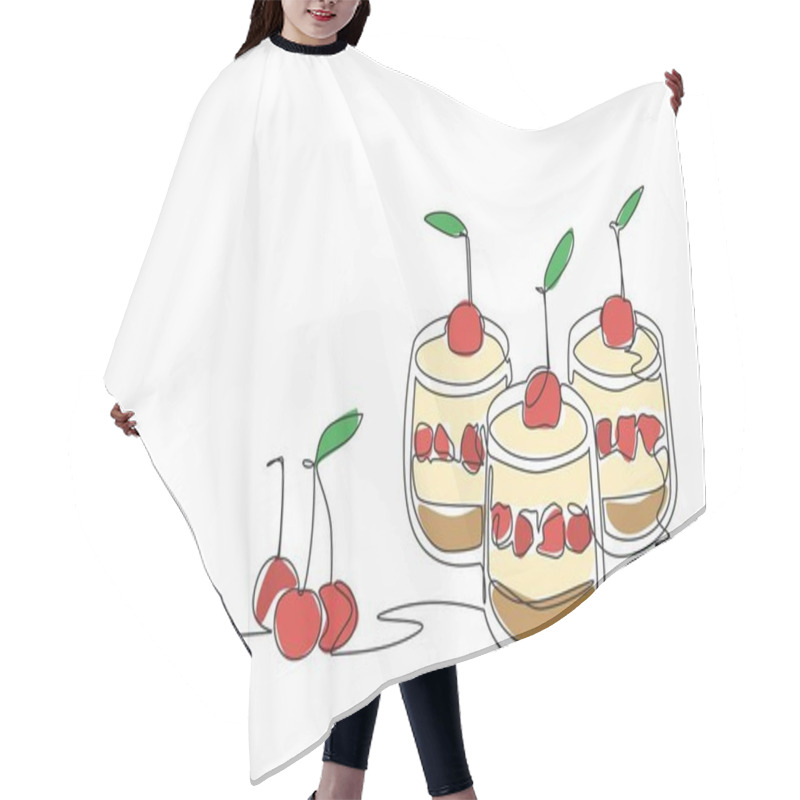 Personality  Single One Line Drawing 3 Cups Of Cherry Cheesecake. Ease Of Serving. Delicious Cake In Small Version. Delicious. Savory. National Cherry Cheesecake Day. Continuous Line Design Graphic Illustration Hair Cutting Cape