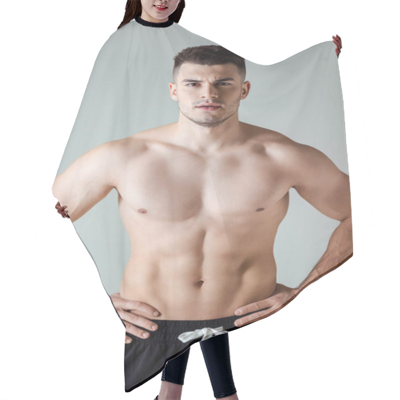 Personality  Sexy Muscular Bodybuilder With Bare Torso Posing With Hands On Hips Isolated On Grey Hair Cutting Cape