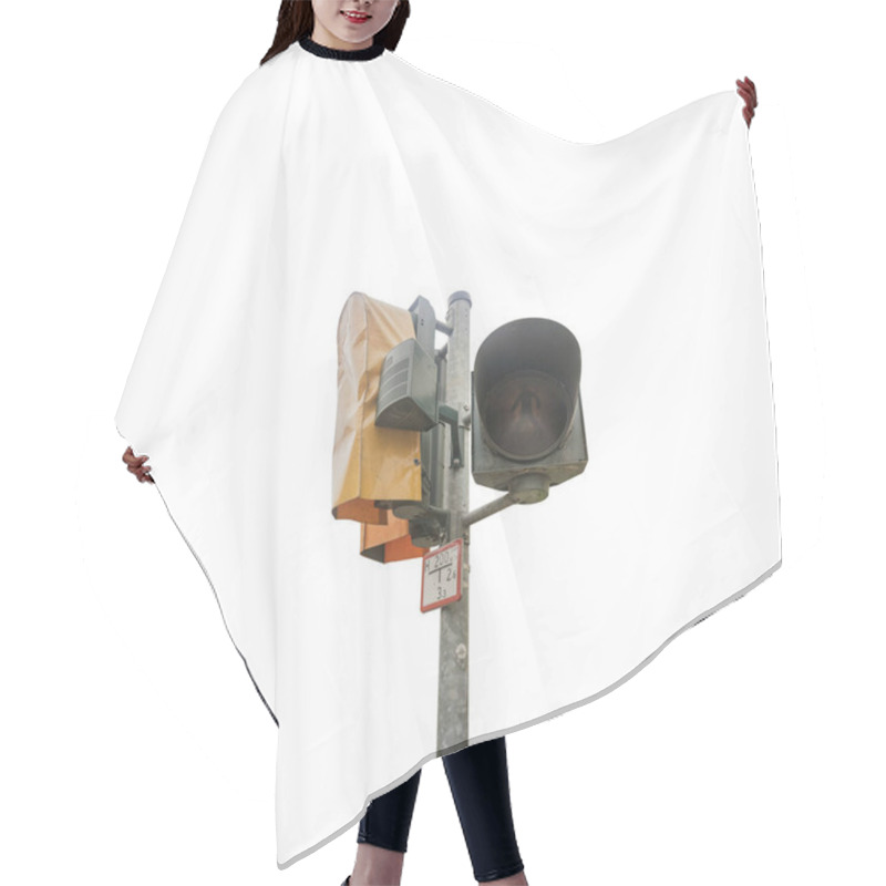 Personality  Traffic Light On A Pole With A Wrapped Speaker, Signaling Caution. Hair Cutting Cape