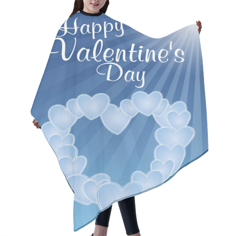 Personality  Blue Poster With A Heart Shape And The Words Happy Valentine's Day. The Heart Shape Is Made Up Of Many Smaller Hearts, And The Sun Is Shining Brightly In The Background Hair Cutting Cape