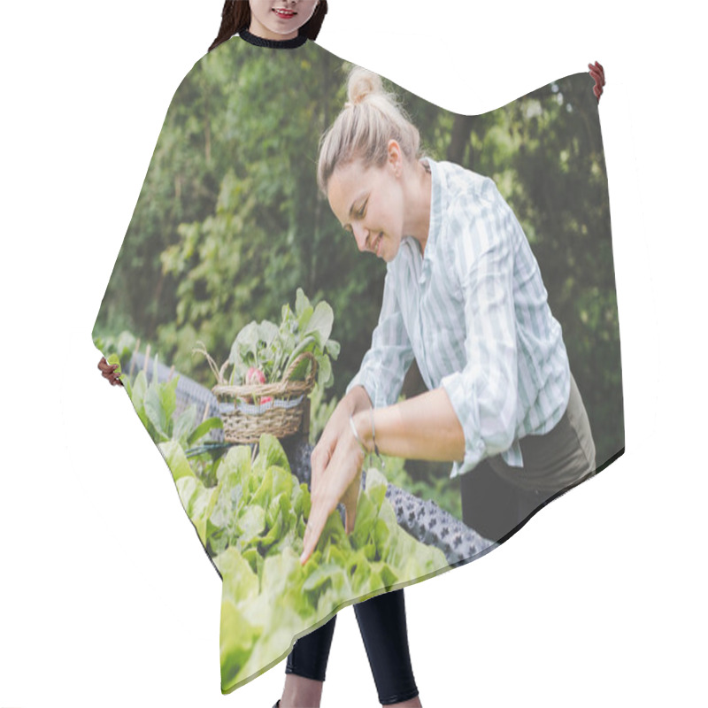 Personality  Young Woman Harvesting Radish From Raised Bed In Garden Hair Cutting Cape