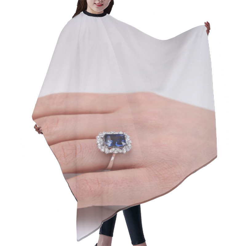 Personality  Woman Hands With Golden Ring And Design Manicure On White Background Hair Cutting Cape