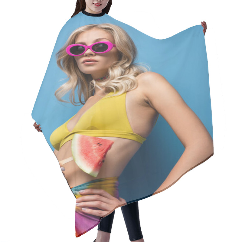 Personality  Young Woman In Pink Sunglasses Holding Popsicle Stick With Watermelon On Blue Hair Cutting Cape