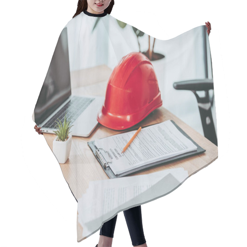 Personality  Clipboard With Compensation Claim Form And Red Helmet On Office Desk Hair Cutting Cape