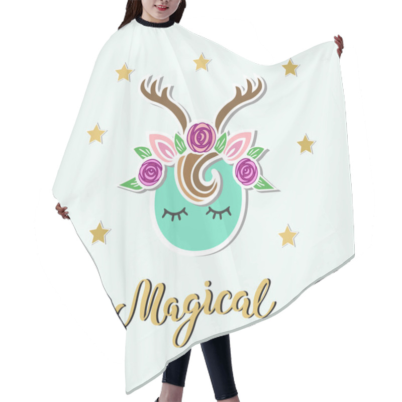 Personality  Magical Deer Vector Illustration As Logo, Badge, Patch Isolated On Blue Background. Handwritten Magical. Deer For Invitation, Birthday, Greetings, Party, Merry Christmas Motive, T-shirt Design. Hair Cutting Cape