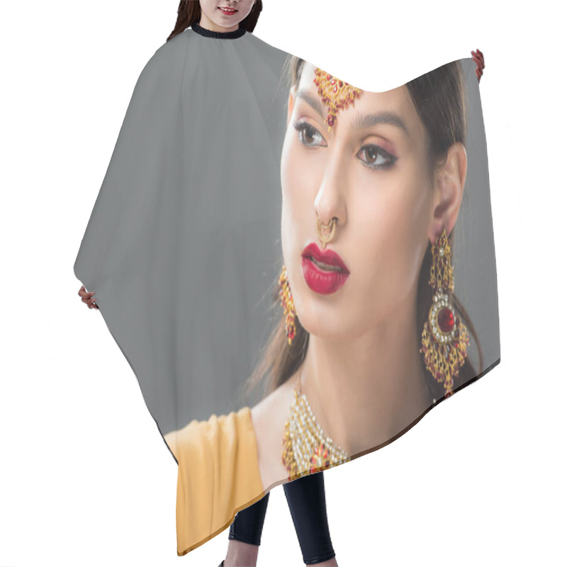 Personality  Attractive Indian Woman In Sari And Bindi, Isolated On Grey  Hair Cutting Cape