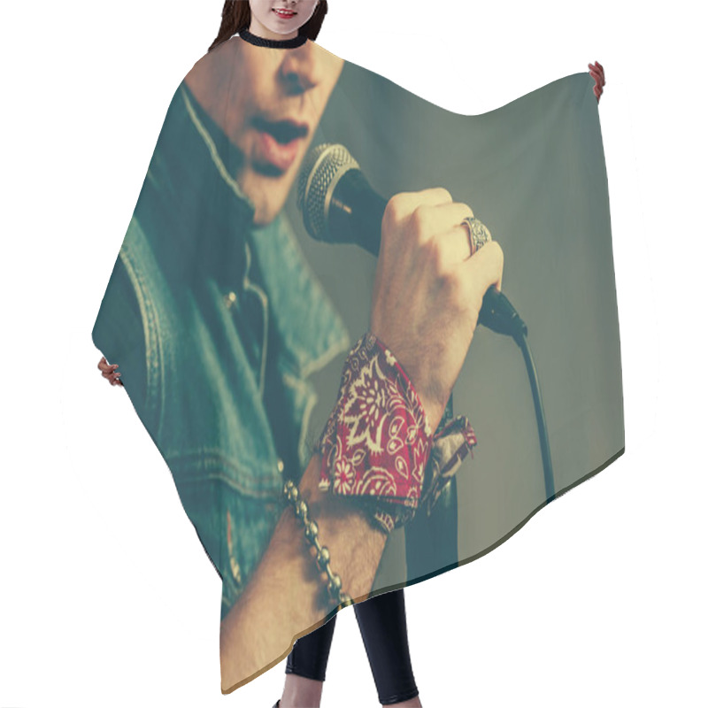 Personality  Cropped View Of Stylish Man Singing In Microphone  Hair Cutting Cape