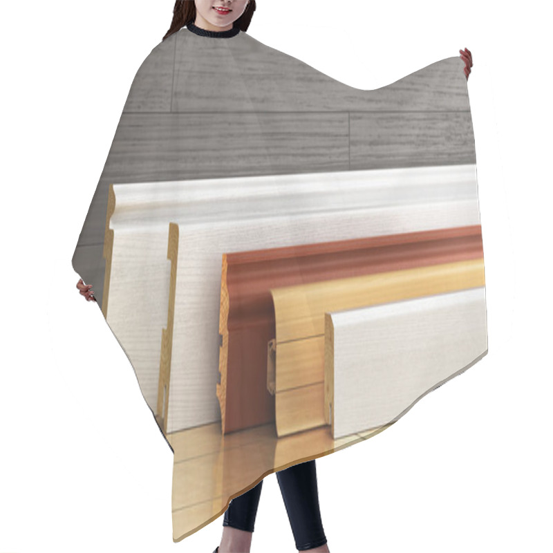 Personality  Set Of Skirting Different Form On A Wood Background. 3d Illustra Hair Cutting Cape