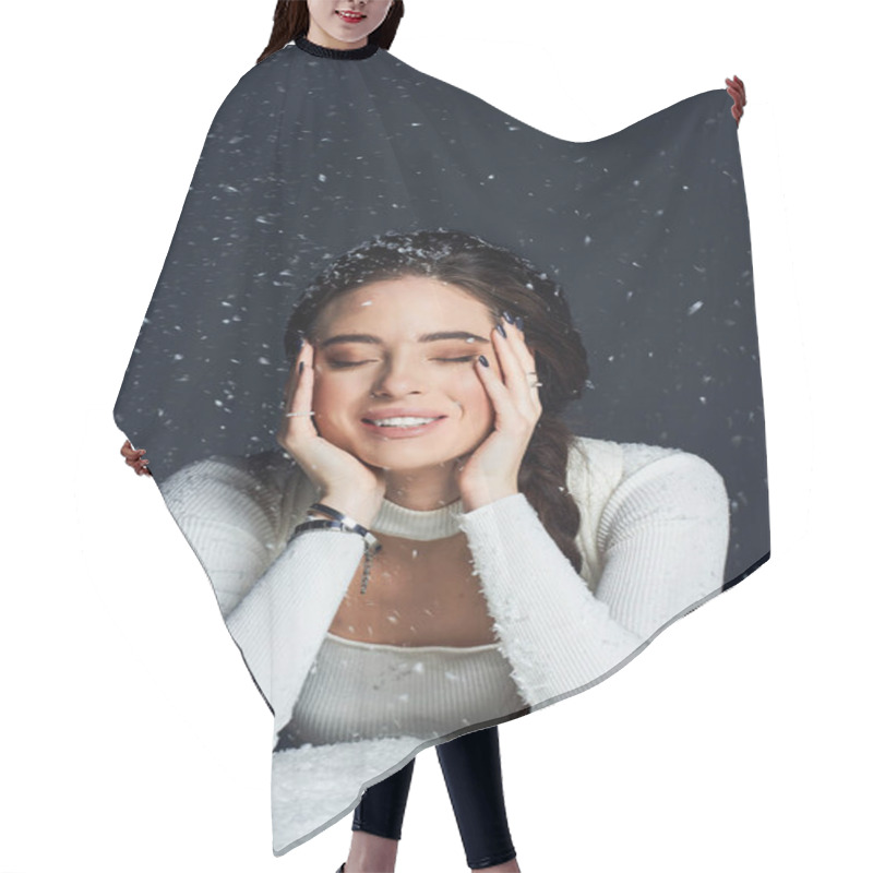 Personality  A Happy Woman Embraces A Flurry Of Snowflakes While Smiling Joyfully In A Warm Setting. Hair Cutting Cape