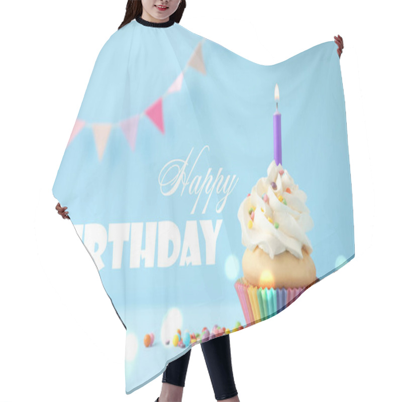 Personality  Delicious Birthday Cupcake With Candle On Light Blue Background. Hair Cutting Cape