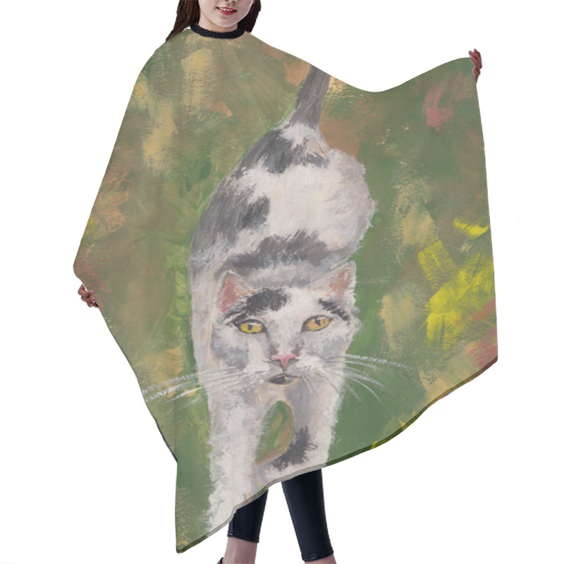 Personality  Acrylics Sketch Painting Of Black & White Domestic Cat Walking In Grass Outdoors. Artwork On Paper. Cute Kitty Vertical Background. Decoration For Pet Shop, Fabric Print, Wallpaper. Feline Portrait. Hair Cutting Cape