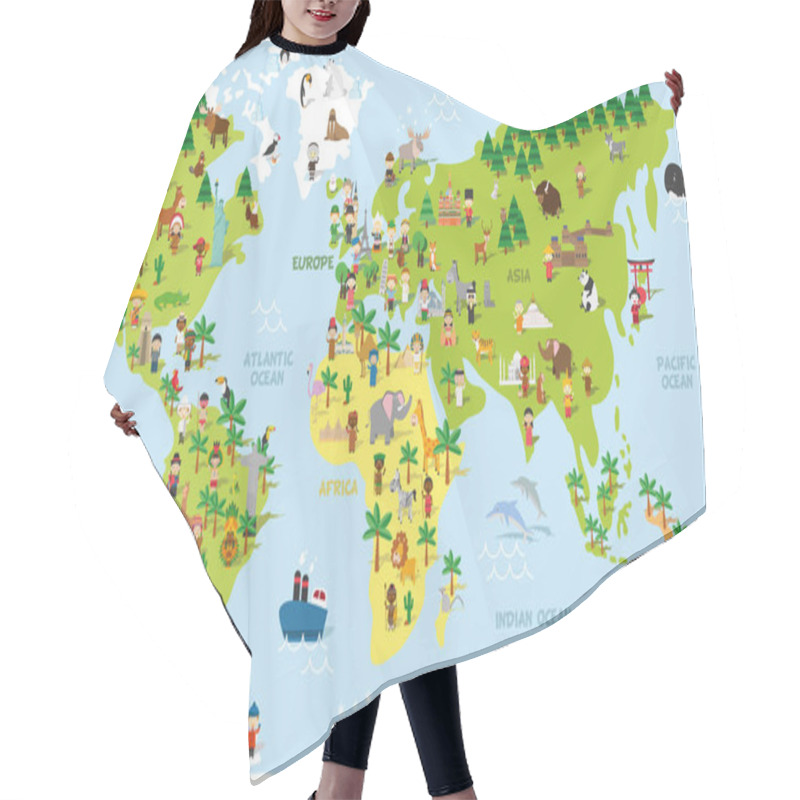 Personality  Funny Cartoon World Map With Childrens Of Different Nationalities, Animals And Monuments Of All The Continents And Oceans. Vector Illustration. Hair Cutting Cape