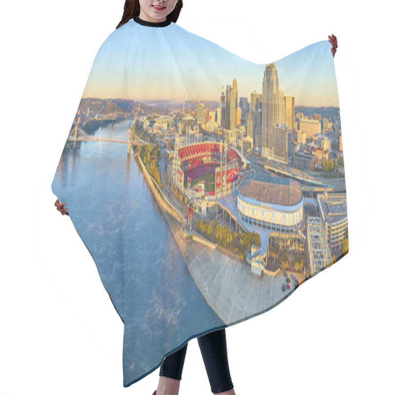 Personality  Discover Cincinnati Charm From Above: The Skyline Sparkles At Golden Hour, Featuring The Iconic John A. Roebling Suspension Bridge And Bustling Activity Around The Great American Ball Park. Hair Cutting Cape