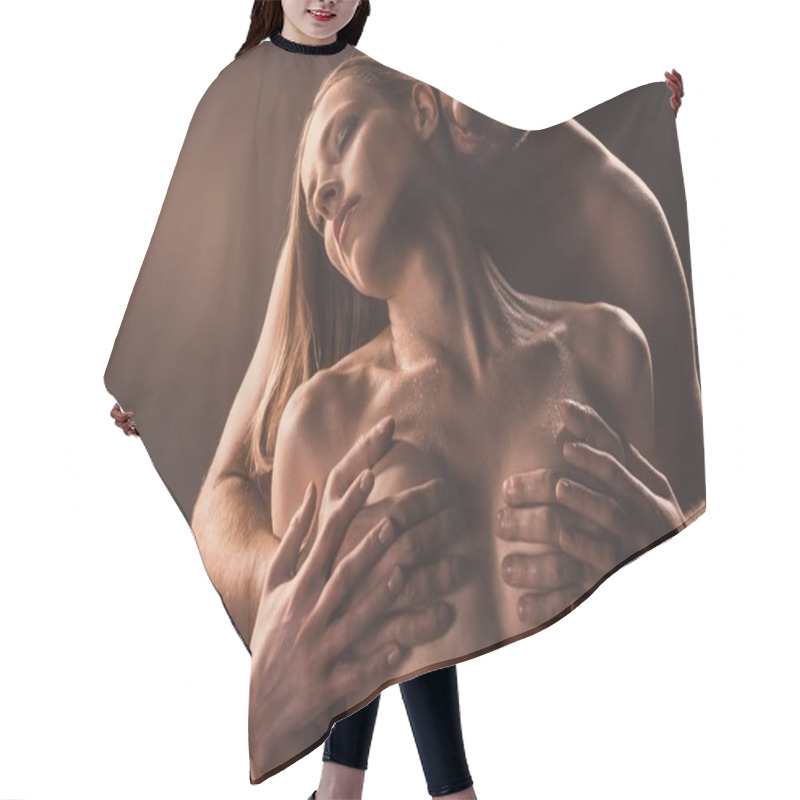 Personality  Boyfriend Touching Breast Of His Sexy Girlfriend, On Brown Hair Cutting Cape