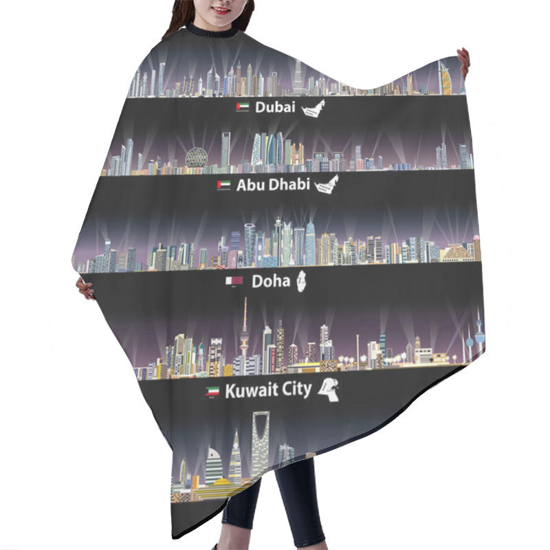 Personality  Abstract Vector Illustrations Of Dubai, Abu Dhabi, Doha, Riyadh And Kuwait City Skylines At Night With Flags And Maps Of United Arab Emirates, Qatar, Kuwait And Saudi Arabia Hair Cutting Cape