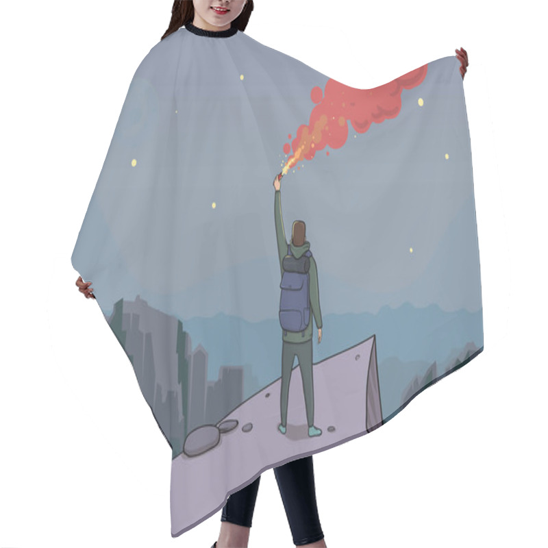 Personality  Tourist With The Flare On A Mountain Is Looking From The Top. Backpacker On A Rock. Torch In Hand. Mountain Landscape In The Twilight. Stars And The Moon. Vector Illustration Cartoon Character. Hair Cutting Cape