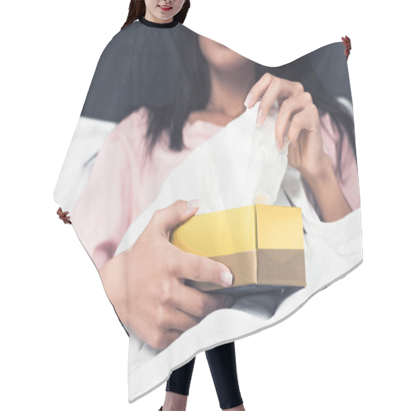 Personality  Cropped Shot Of Sick Young Woman Taking Paper Napkin Out Of Box While Sitting In Bed Hair Cutting Cape