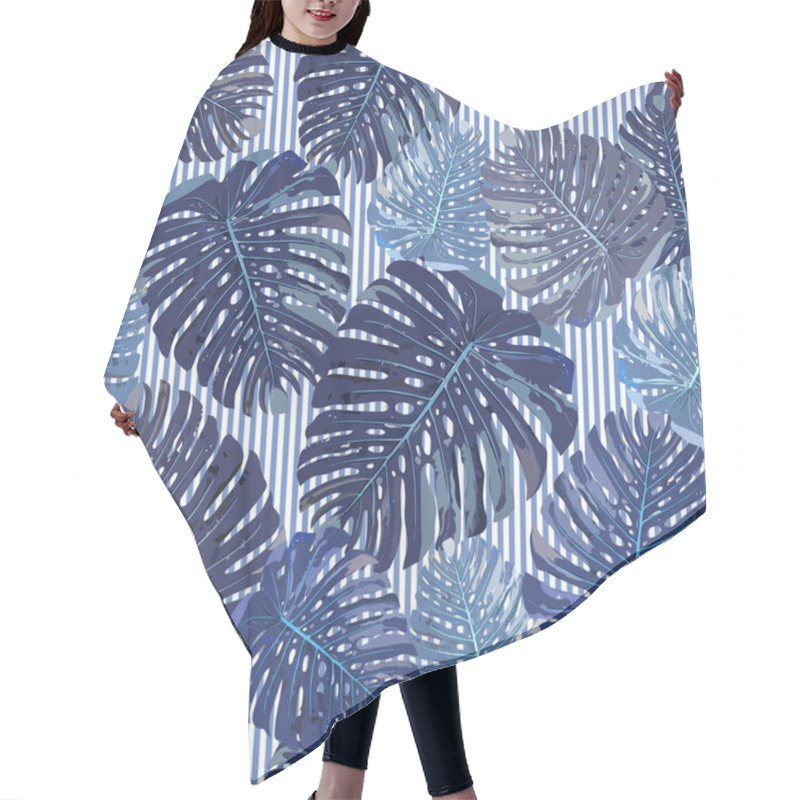 Personality  Blue Tropical Leaves Seamless Pattern On Strips Background. Vect Hair Cutting Cape