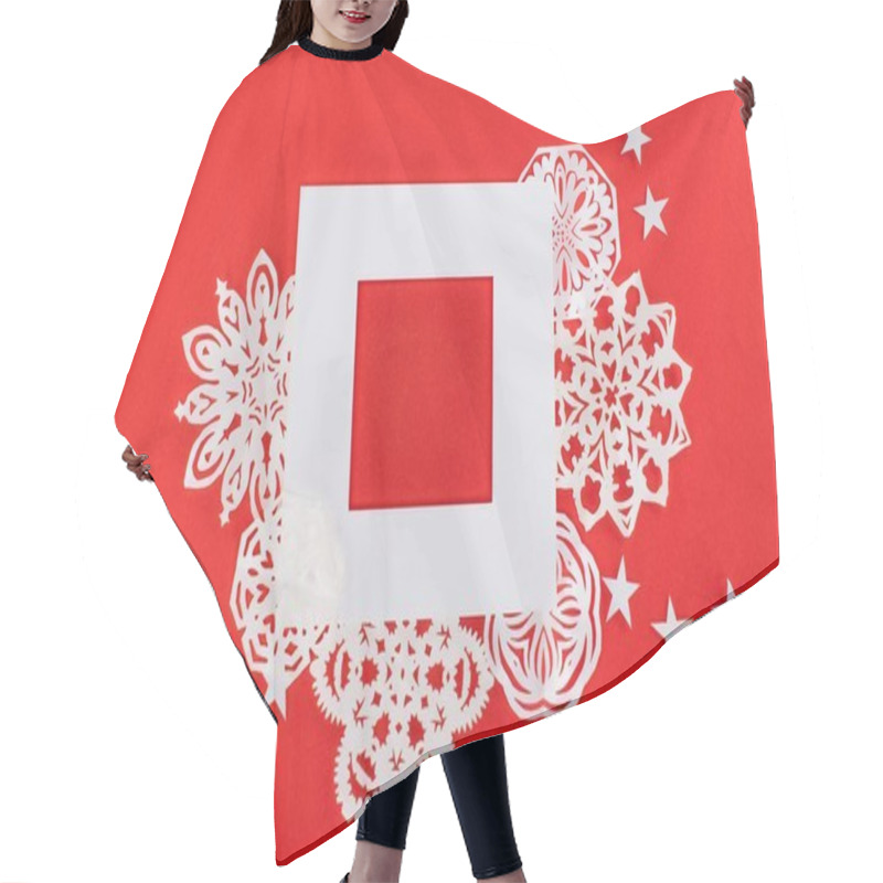 Personality  White Christmas Frame With Stars And Paper Snowflakes Around, Isolated On Red   Hair Cutting Cape