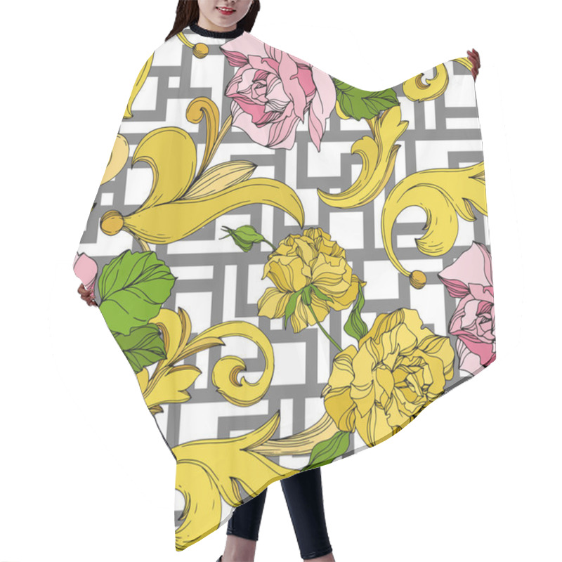 Personality  Vector Golden Monogram Floral Ornament. Black And White Engraved Ink Art. Seamless Background Pattern. Hair Cutting Cape