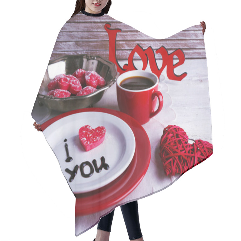 Personality  Cookie In Form Of Heart On Plate With Inscription I Love You On Color Wooden Table Background Hair Cutting Cape