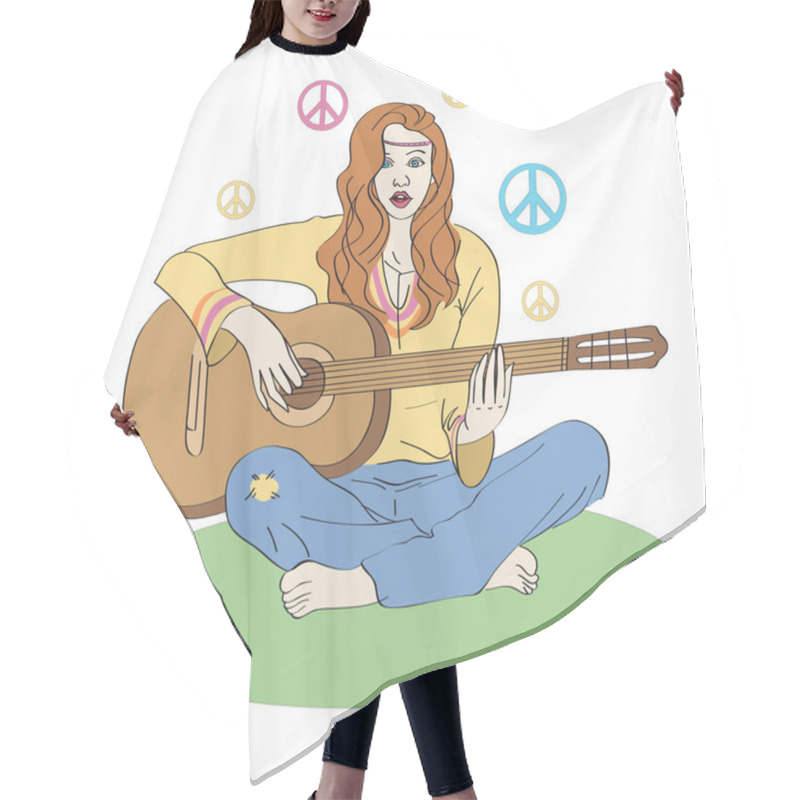 Personality  Hippie Girl With Guitar. Hair Cutting Cape