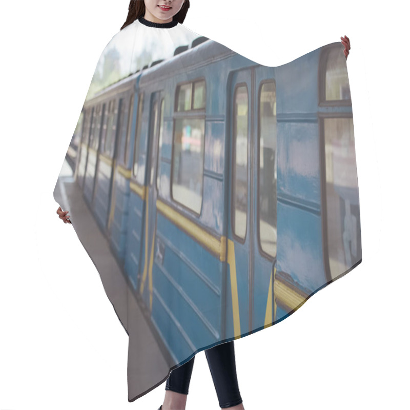 Personality  Closeup View Of Train At Outdoor Subway Station  Hair Cutting Cape