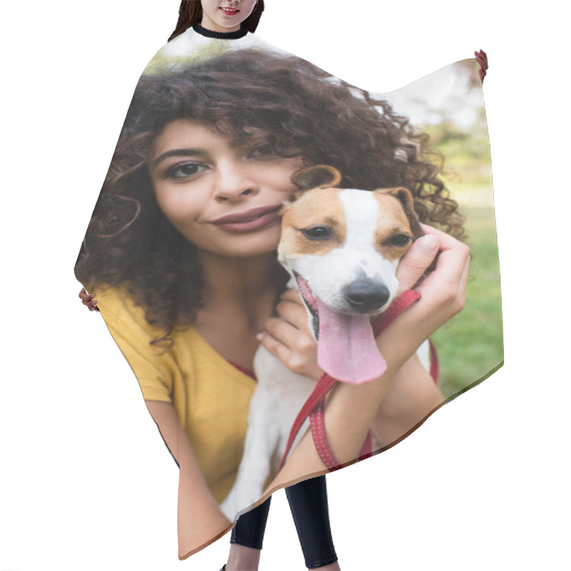 Personality  Selective Focus Of Young Woman With Jack Russell Terrier Dog Looking At Camera Hair Cutting Cape