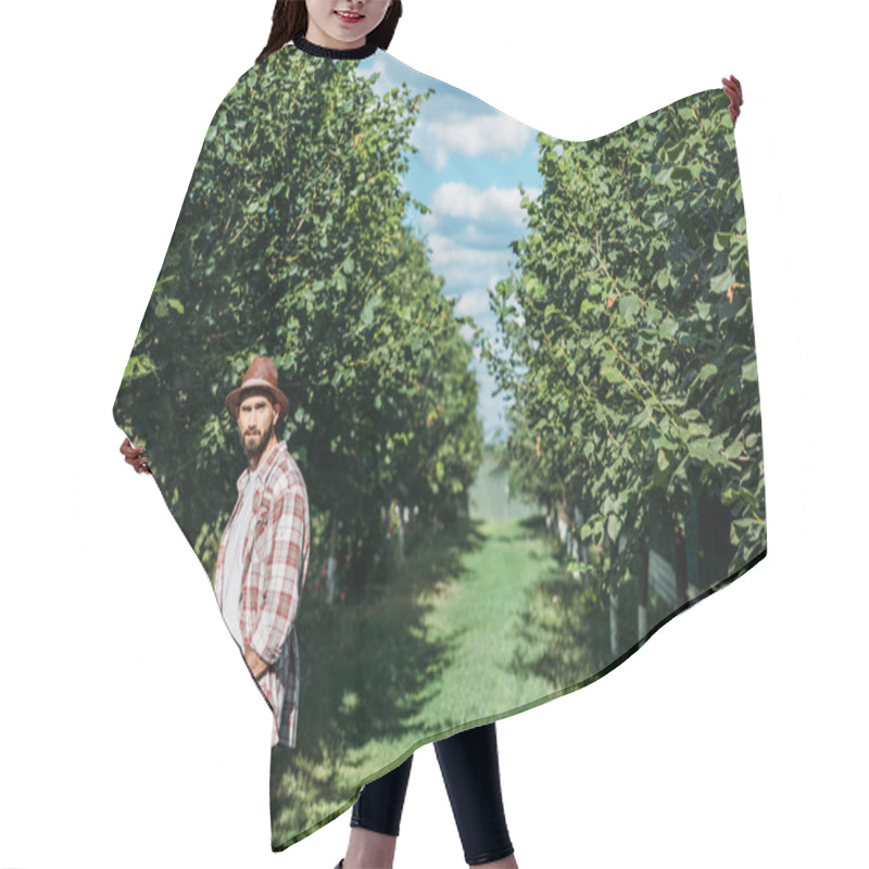 Personality  Confident Farmer In Orchard Hair Cutting Cape