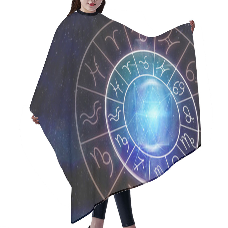 Personality  Zodiac Wheel With Astrological Signs Around Bright Star In Open Space, Illustration Hair Cutting Cape