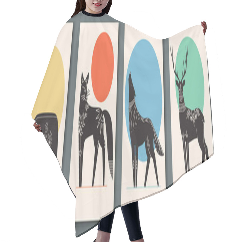 Personality  Abstract Poster Collection With Animals: Bear, Fox, Wolf, Deer. Set Of Contemporary Scandinavian Art Print Templates. Ink Animals With Floral Ornament And Geometrical Shapes On The Background.  Hair Cutting Cape