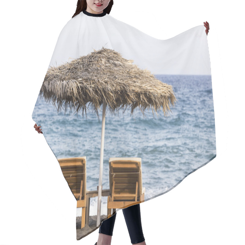 Personality  View Of Perissa Beach On The Greek Island Of Santorini With Sunb Hair Cutting Cape