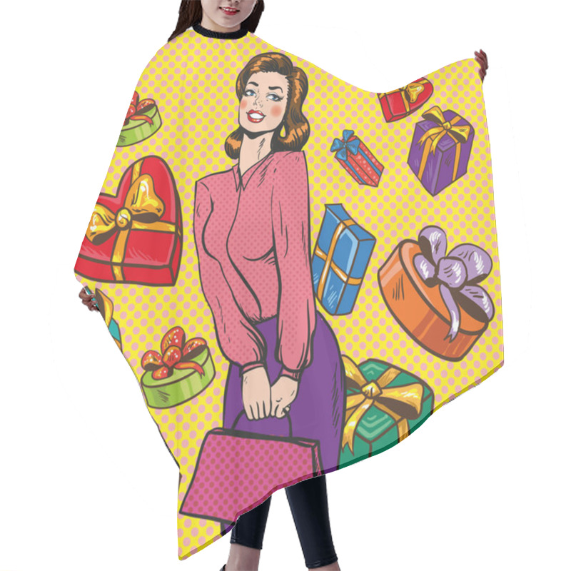 Personality  Vector Illustration Of Woman And Gift Boxes, Pop Art Style Hair Cutting Cape