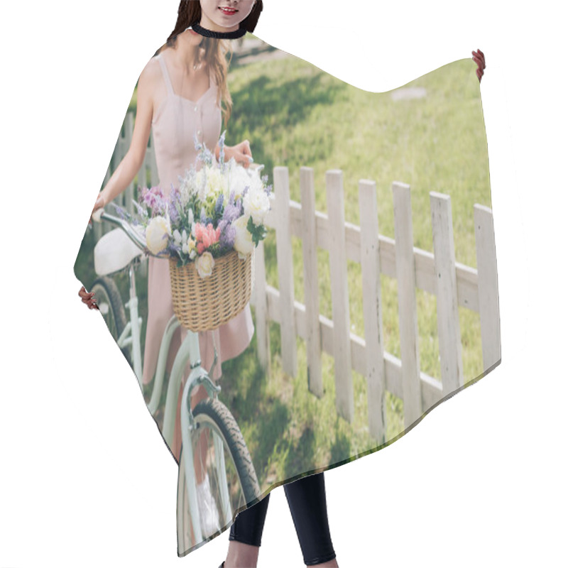 Personality  Partial View Of Woman In Stylish Dress With Retro Bicycle With Wicker Basket Full Of Flowers At Countryside Hair Cutting Cape