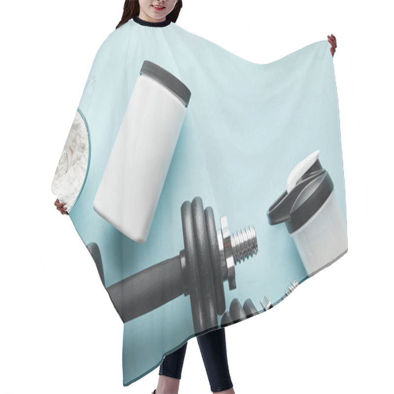 Personality  Top View Of Dumbbells Near Sports Bottle And Protein Powder On Blue  Hair Cutting Cape