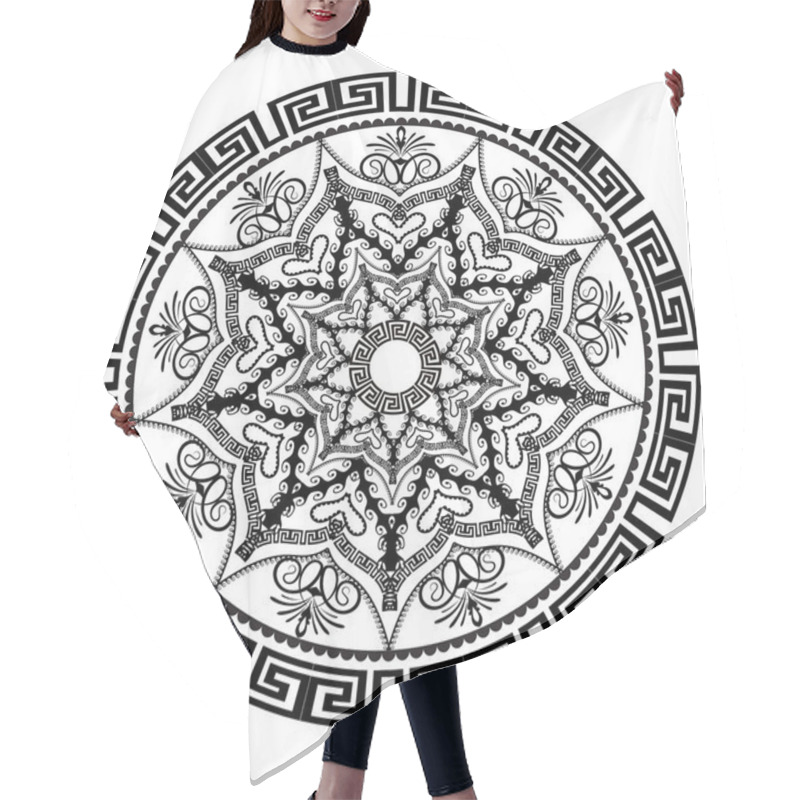 Personality  Black And White Round Floral Greek Vector Mandala Pattern. Ancient  Ornamental Abstract Background. Geometric Shapes And Elements. Decorative Ornate Design In Arabian Style. Elegance Lace Ornaments. Hair Cutting Cape