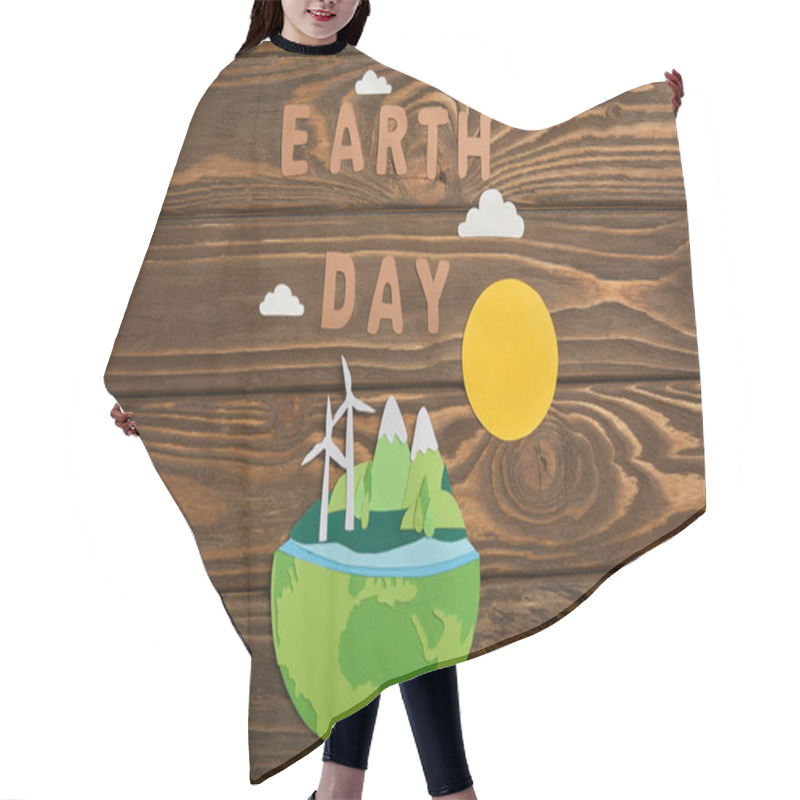 Personality  Top View Of Paper Cut Planet With Renewable Energy Sources And Letters On Wooden Background, Earth Day Concept Hair Cutting Cape