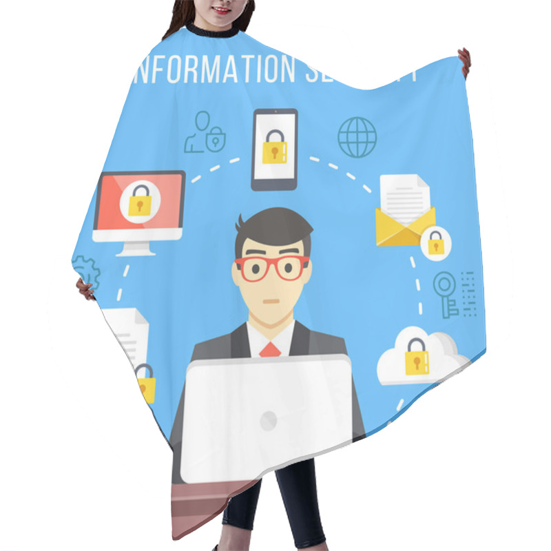 Personality  Information Security, Data Protection Concept. Man At Computer At Work. Flat Icons, Thin Line Icons Set, Modern Flat Design Graphic Elements. Vector Illustration Hair Cutting Cape