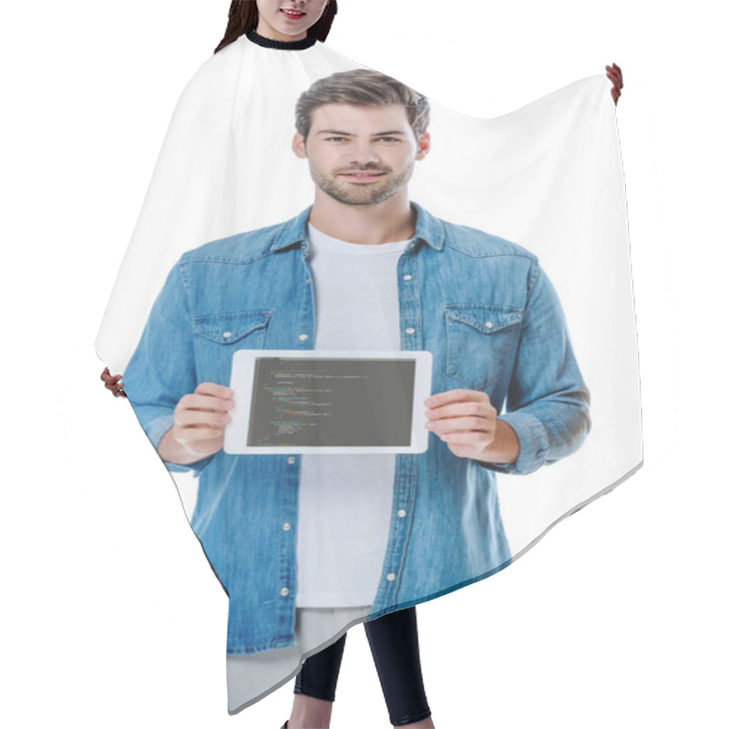 Personality  KYIV, UKRAINE - AUGUST 12, 2019: Smiling Man In Denim Shirt Holding Digital Tablet With JavaScript Page Isolated On White Hair Cutting Cape