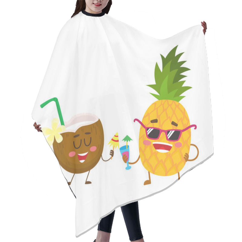 Personality  Funny Pineapple And Coconut Characters Drinking Cocktails, Having Fun Hair Cutting Cape