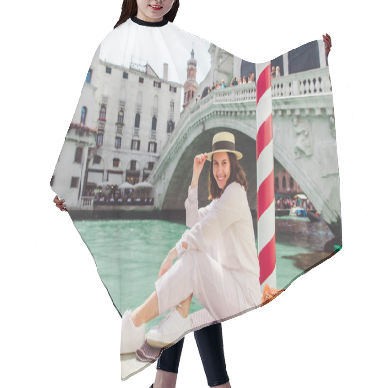 Personality  Woman Sitting Near Rialto Bridge In Venice Italy Looking At Grand Canal With Gondolas Hair Cutting Cape