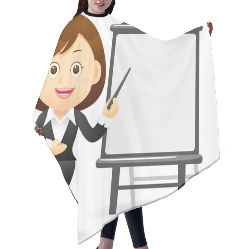 Personality  Beautiful Business Woman With Pointer And Chart Board Hair Cutting Cape