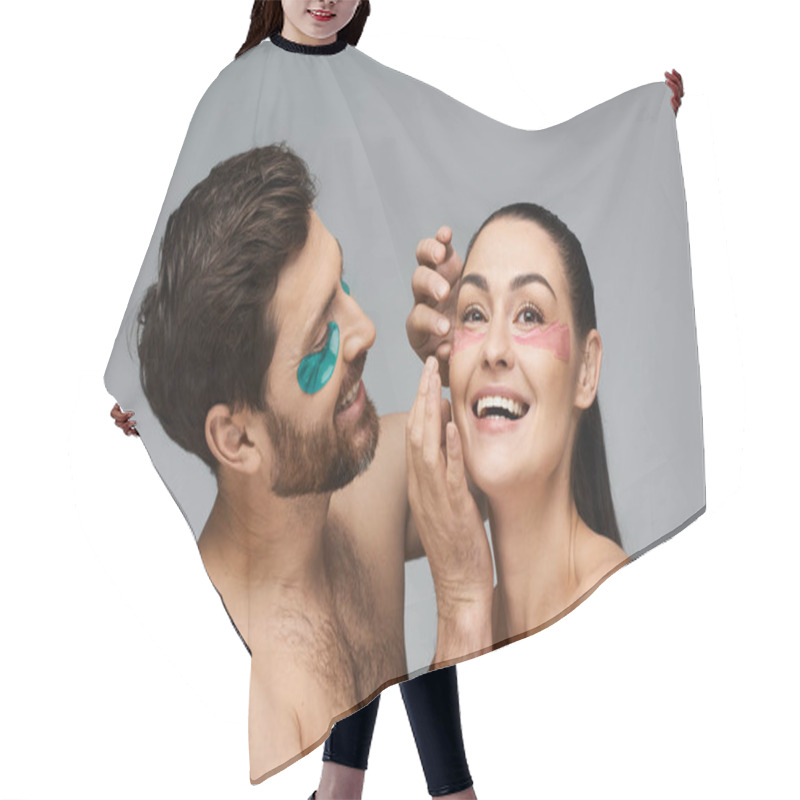 Personality  Cheerful Couple, With Eye Patches, Pose Together In An Enchanting Display. Hair Cutting Cape