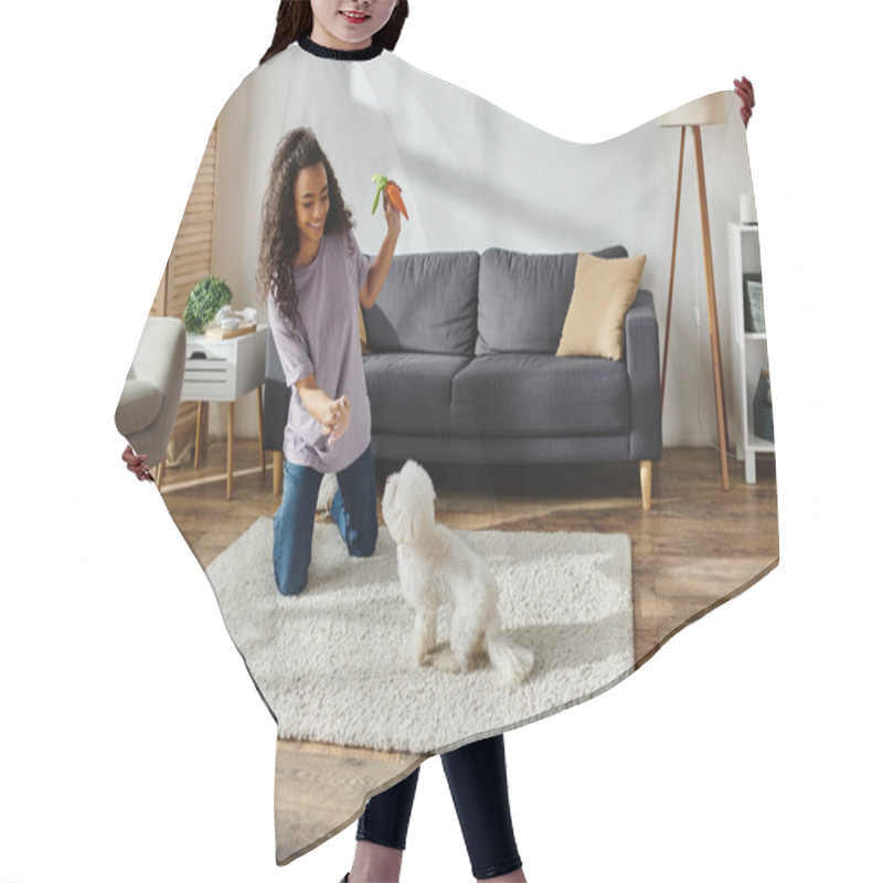 Personality  Woman Joyfully Playing With Her White Bichon Frise In A Cozy Living Room. Hair Cutting Cape