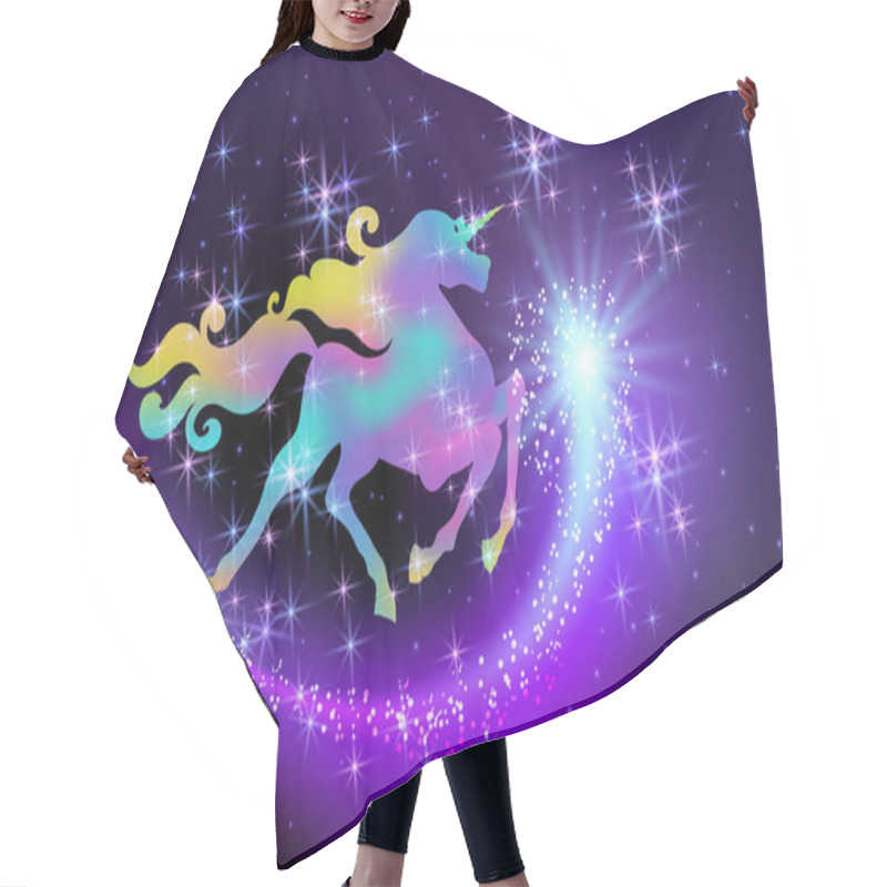 Personality  Starlit Sky And Galloping Iridescent Unicorn With Luxurious Winding Mane Against The Background Of The Fantasy Universe With Sparkling Stars And Flying Comet Hair Cutting Cape